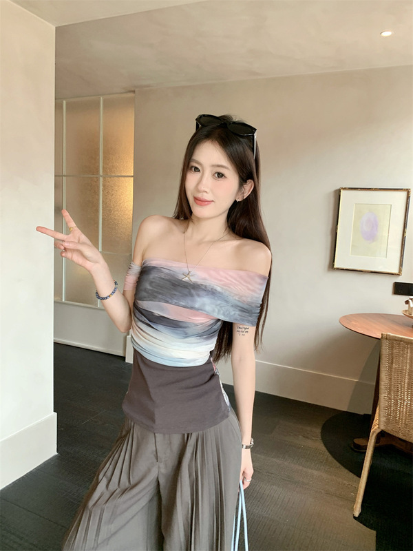 ワンショルダーレトロタイダイ半袖チューブトップTシャツレディース夏プリーツスリムホットガールリバーシブルコントラストカラートップ|undefined