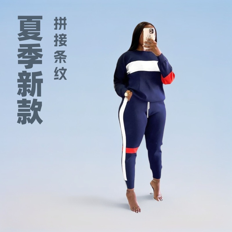 S390282 Cross-border European and American women's summer patchwork striped casual sports short-sleeved trousers hot-selling set