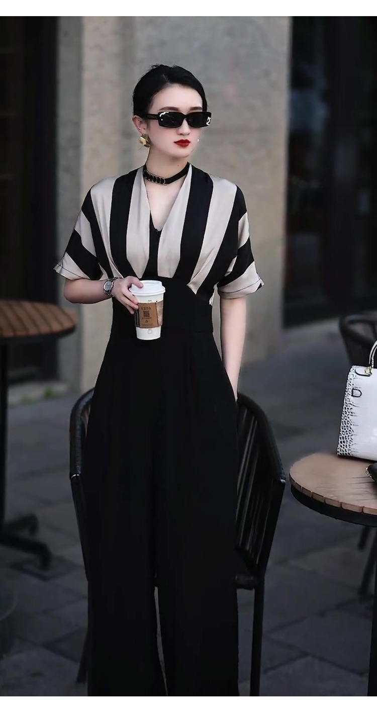 Bộ jumpsuit nữ sọc kẻ dài tay thời trang mùa hè — Đen trắng