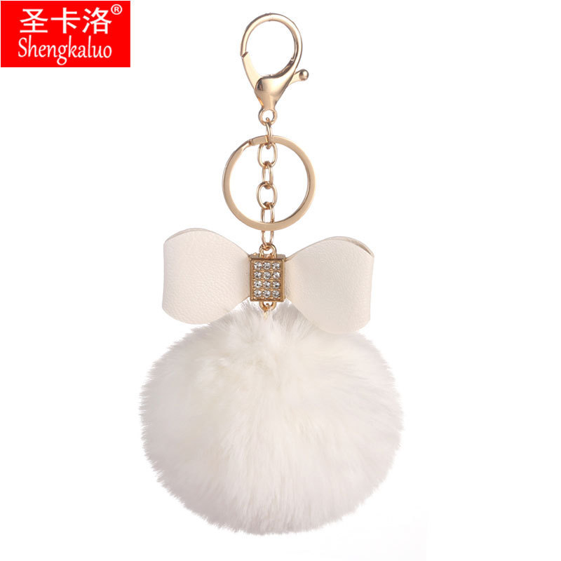 pu bow 8cm fur ball plush imitation summer fur ball keychain rhinestone jewelry pendant female wholesale pendant