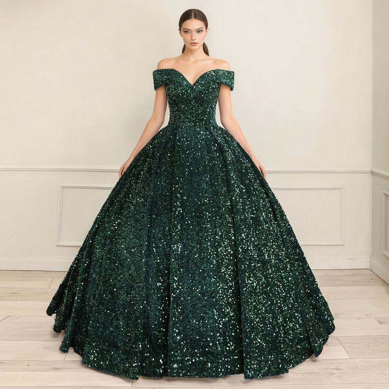 Foreign Trade European and American 2026 Bride's Dark Green Puffy Long Dress for Banquet Stage Performance Cross-Border Wedding Dress Supply