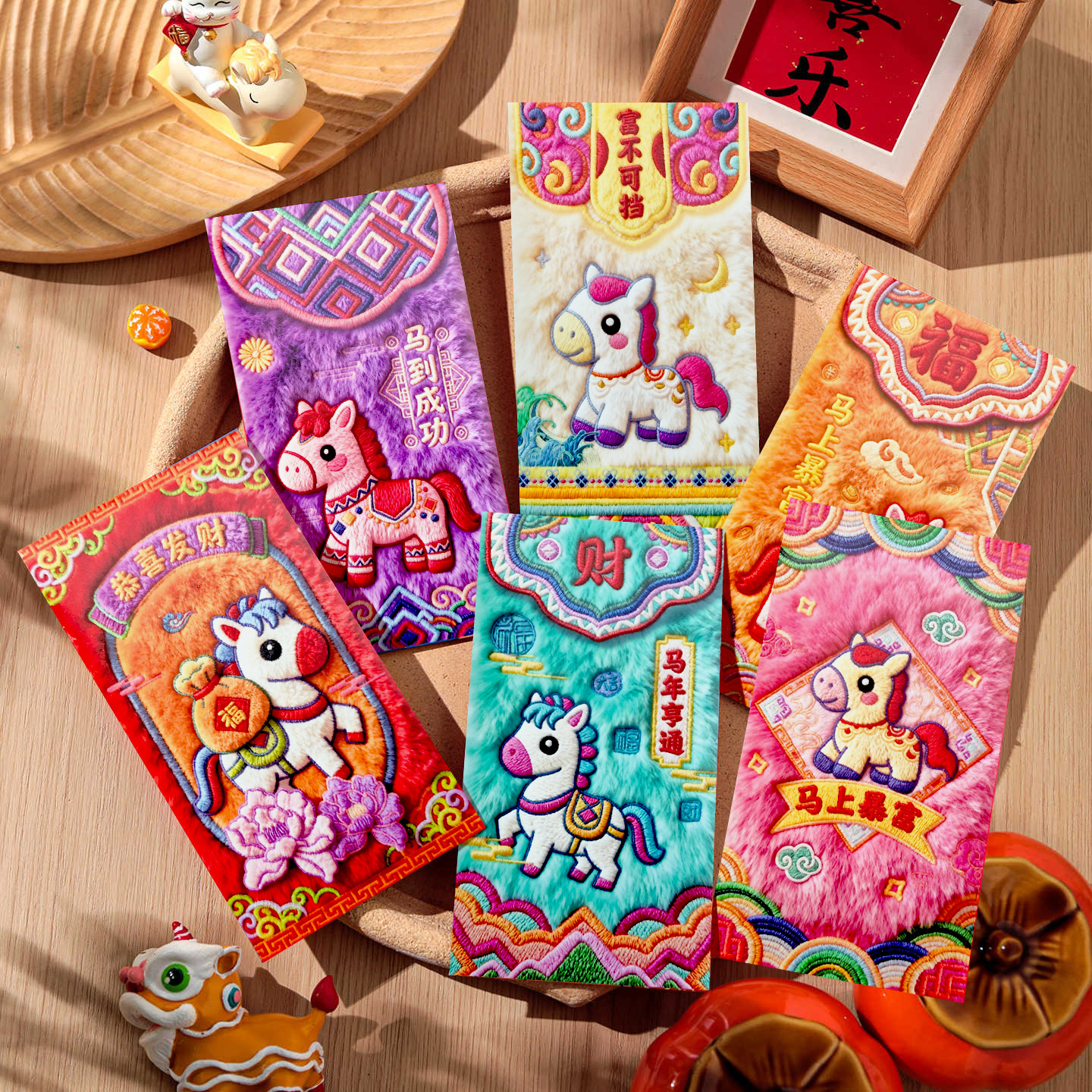 Nuevo estilo de bordado de peluche plano 5D de alta calidad Año del Caballo caricatura encantadora Li es sellar bolsas creativas de dinero de Año Nuevo