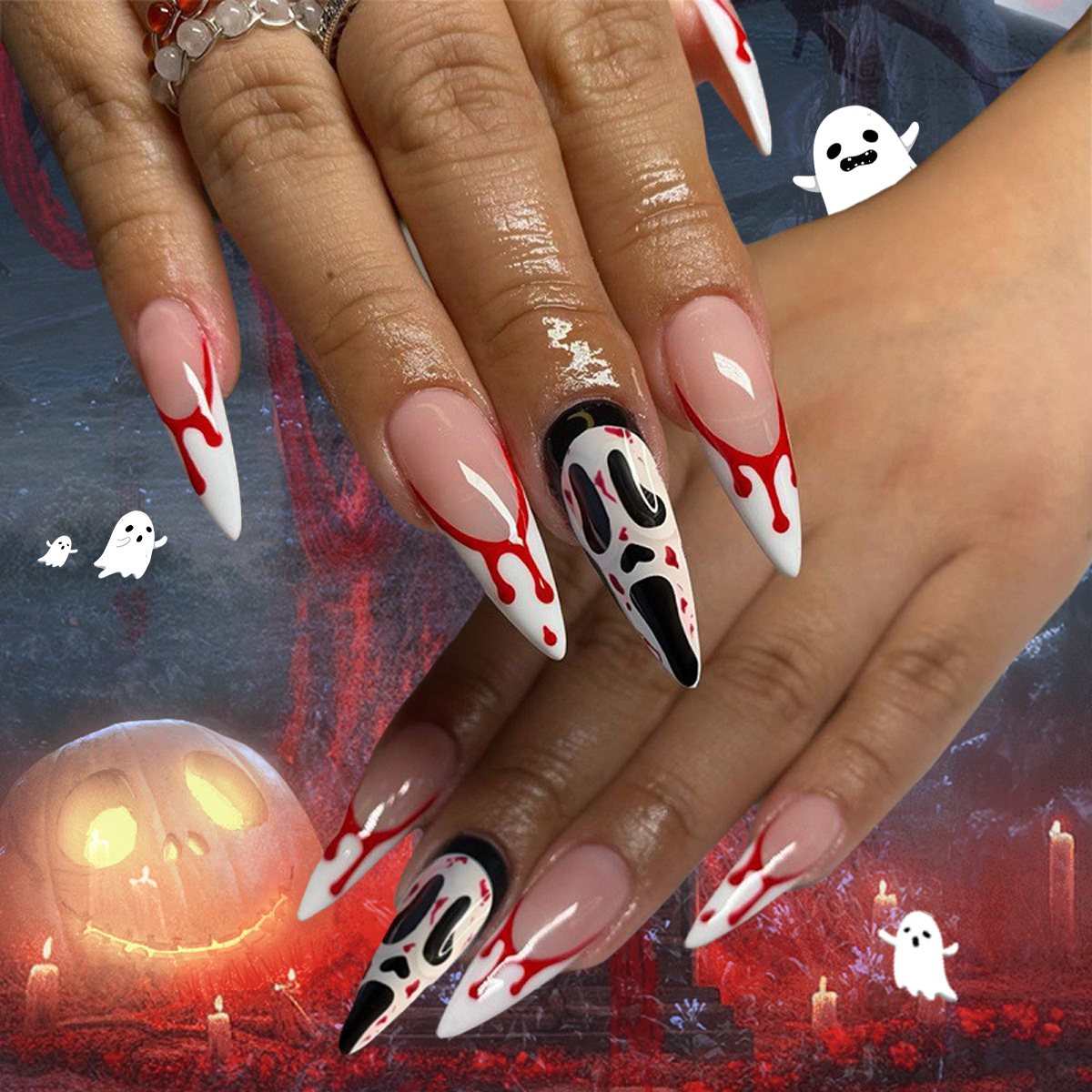 Transfronterizos Halloween Uña Mediano Largo Gritando 24 piezas de parche de uñas falsas de alta calidad Uña al por mayor