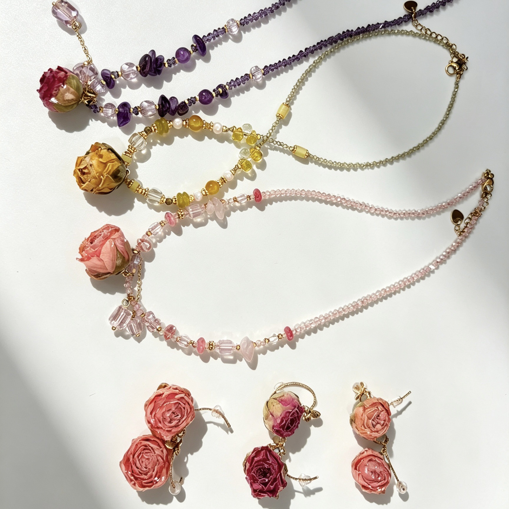 Sweet pink flower pendant necklace, crystal beaded collarbone chain, stylish neck chain, natural flower jewelry