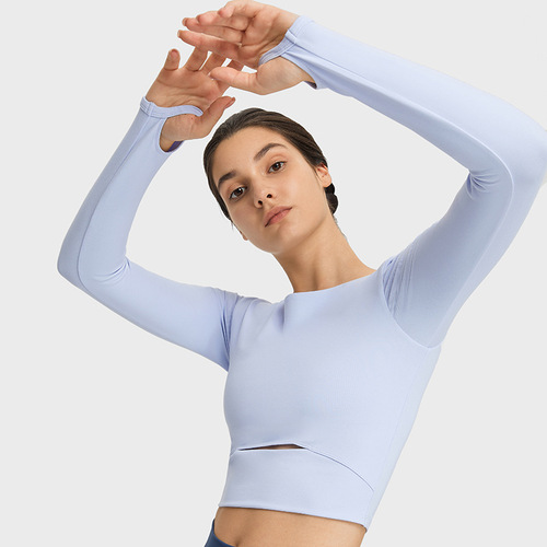 A new model of drop-shipping yoga long-sleeved tops with chest pads for women, waist-revealing short sexy running sports fitness clothes