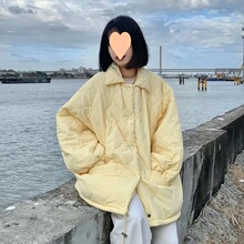 奶黄色设计感菱格加绒加厚面包服外套女2023冬季棉服棉袄