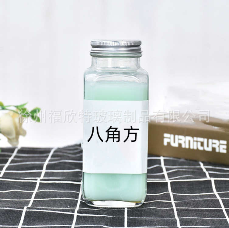 批发八角方调料瓶带铝盖透明玻璃瓶饮料瓶密封水果橙汁奶茶冷饮酵