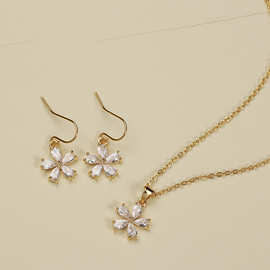 GS035 高档韩版花朵锆石项链耳环套装女式金色项链耳饰两件套