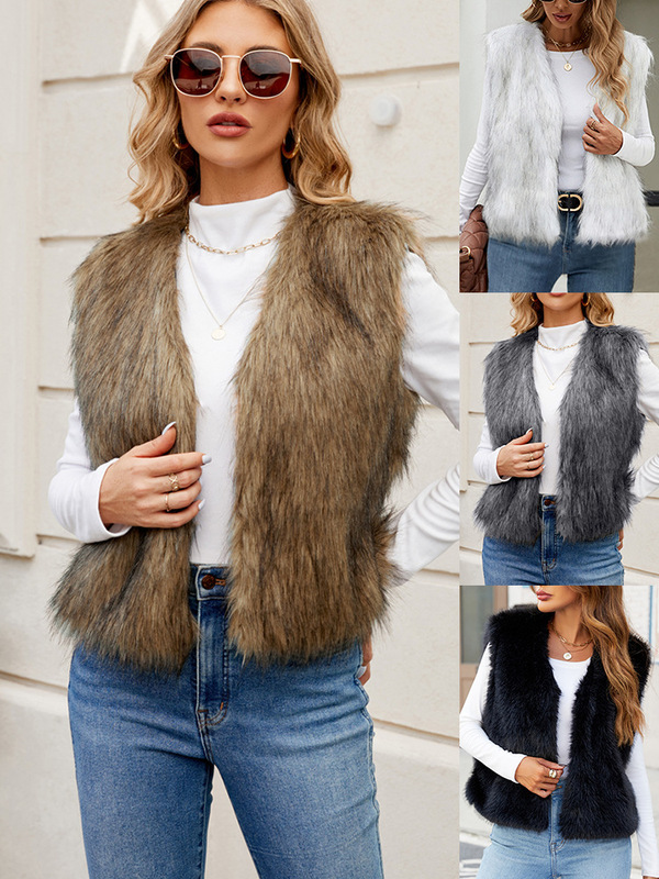 F0598 European and American Export V Neck Short Women's Imitation Fur Jacket Vest Top Artificial Fur Vest New Product F0598 European and American Export V Neck Short Women's Imitation Fur Jacket Vest Top Artificial Fur Vest New Product