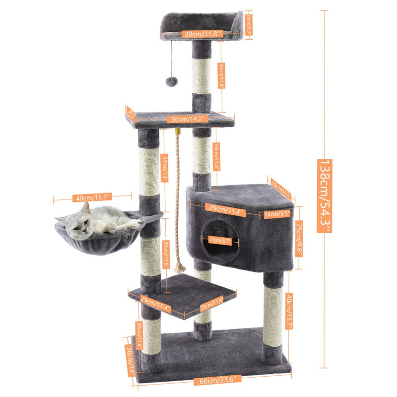 Multi‑level cat tree, plush cozy condo with scratching posts and hanging toys, multiple color codes
