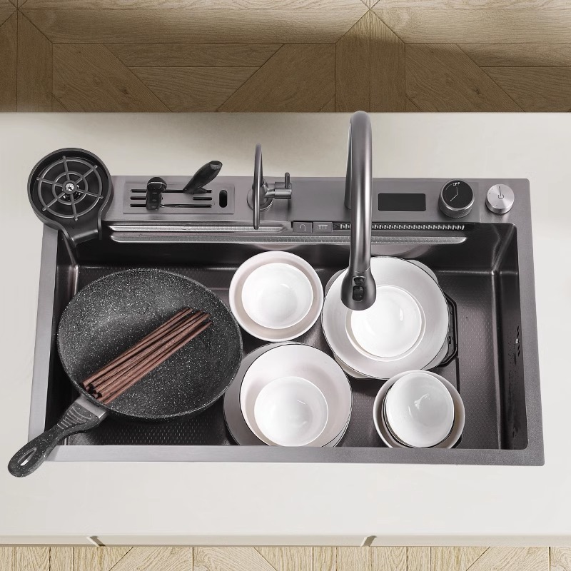 304 acero inoxidable gran tanque de una sola pantalla de agua de agua de cascada de lluvia en relieve de panal lavavajillas de cocina lavavajillas manuales