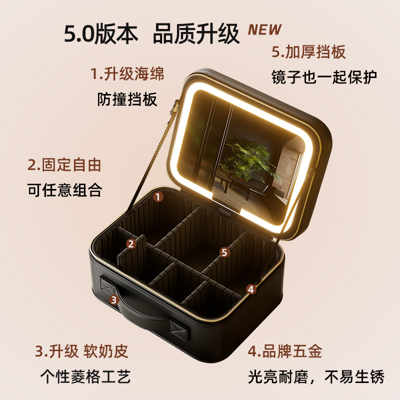 High-End Waterproof Cosmetic Bag with Led Mirror for Women, Portable for Travel, Large Capacity, Partitioned Hand-Held Cosmetic Case