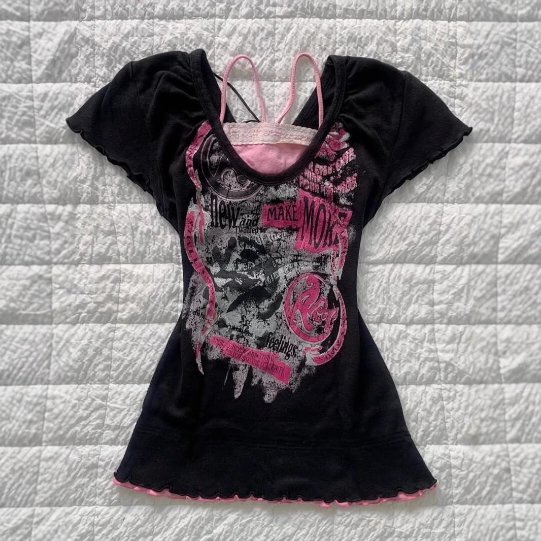 Subculture Retro Sexy Distressed Printed Shibuya Short-Sleeved T-Shirt for Women Fake Two-Piece Suspender Waist Slimming Look Vintage Top