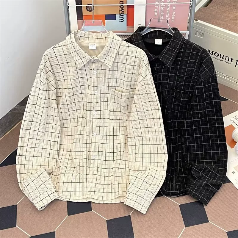 Маленькая ароматная клетчатая рубашка с лацканом мужская весна и осень бренд vibe прилив высокого уровня расслабленного повседневного пара рубашки