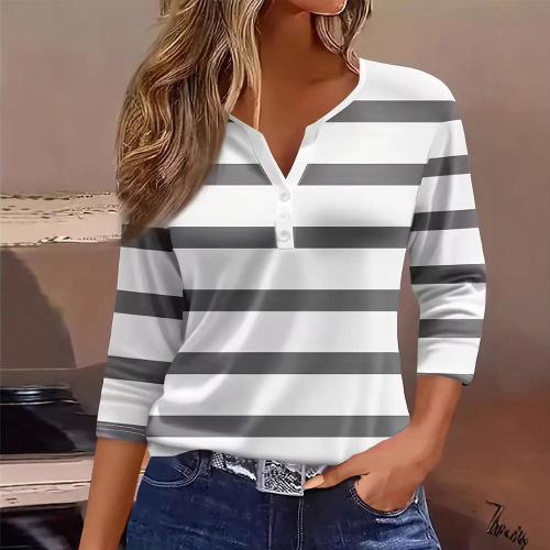 Summer 2025 European and American Leisure V-neck Button Striped T-shirt for Women, Fashionable and Versatile