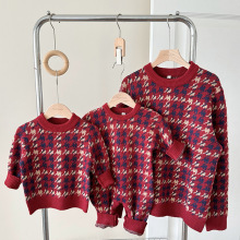 清仓  亲子装2025秋装新款一家三口毛衣千鸟格圆领针织衫新年服