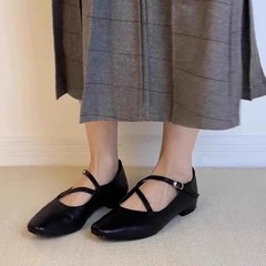 シープスキンフレンチレトロイブニングスタイルシューズ女性用2025春新作フラットソール妖精スクエアトゥ浅い口メリージェーン