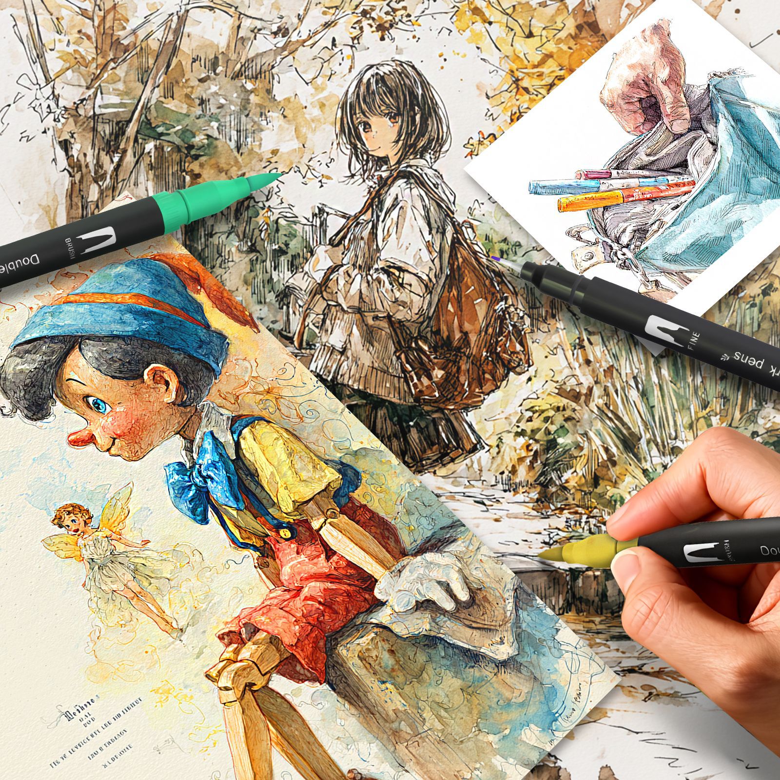 168-Color Dual-Head DIY Hand-Drawn Painting Doodle Pen Multi-Size Set with CD Bag Portable Canvas Bag Easy-to-Clean Watercolor Markers