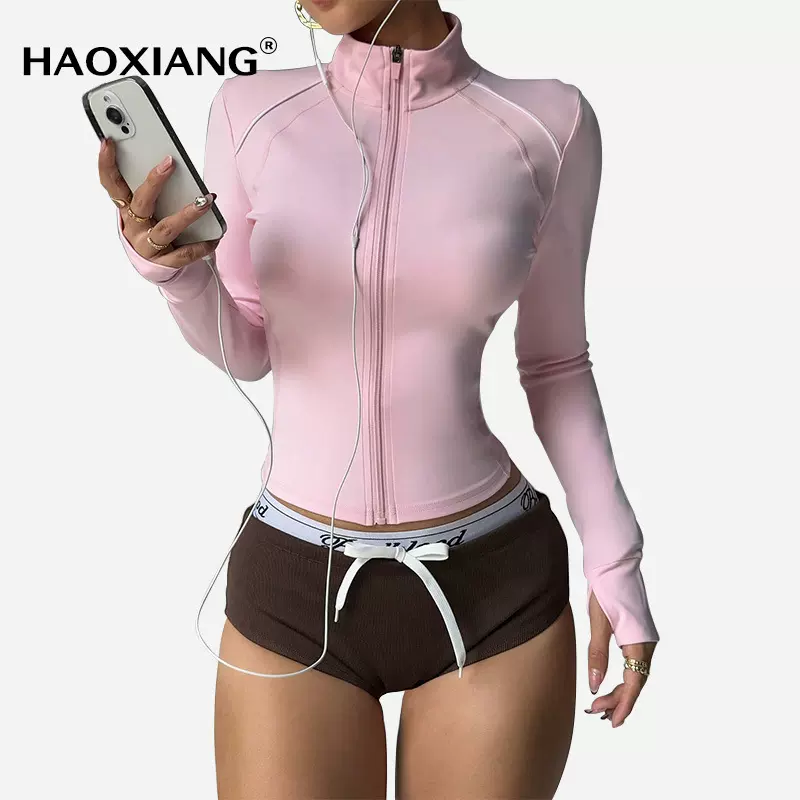 欧美撞色运动瑜伽外套拉链立领长袖瑜伽服修身运动健身服上衣裸感