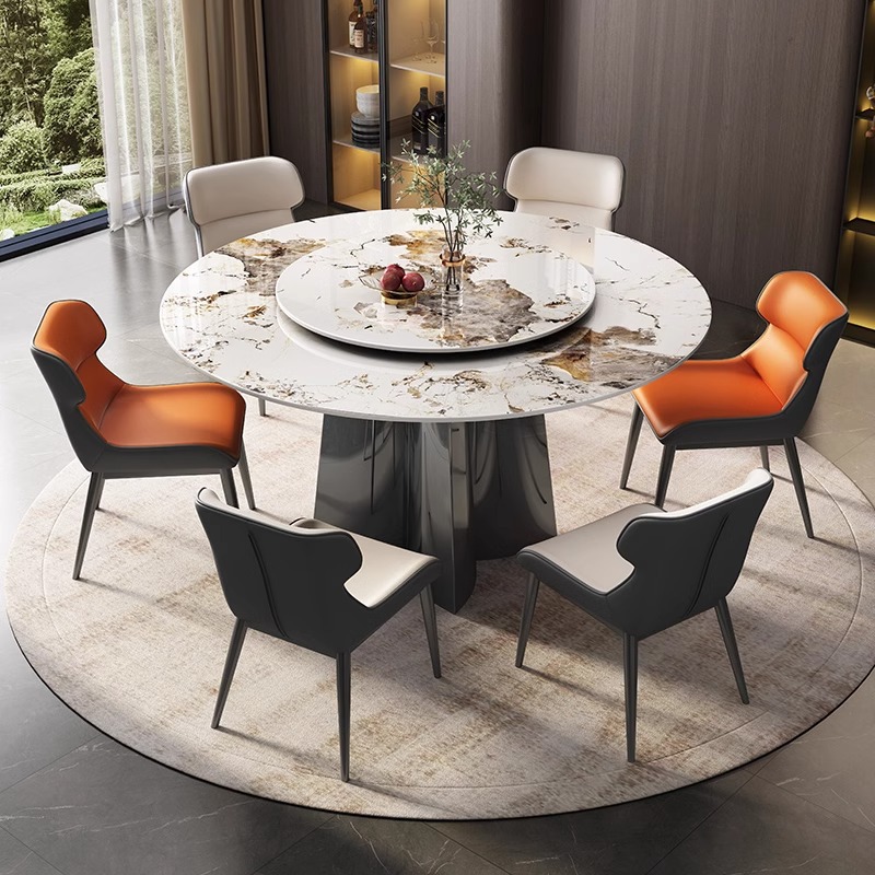 Mesa de comedor redonda de apartamento pequeño de sala de estar simple moderna con tocadiscos Combinación de mesa y silla de comedor de placa de roca brillante de lujo ligero de estilo italiano