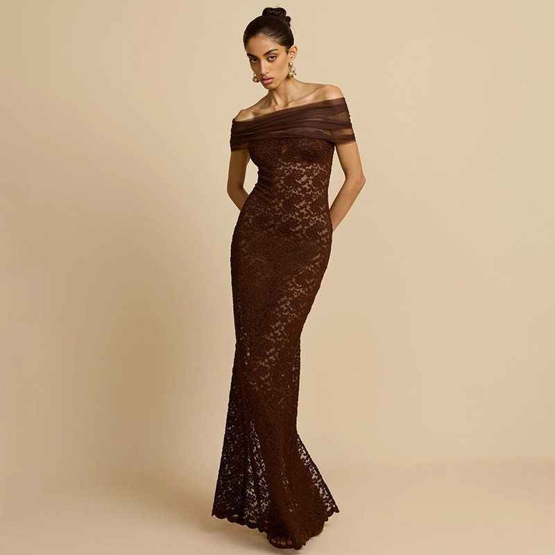 Transfronterizos Europa y América ropa de mujer otoño nuevo hombro perspectiva de encaje sexy tenedor delgado vestido de cadera para mujeres image 3