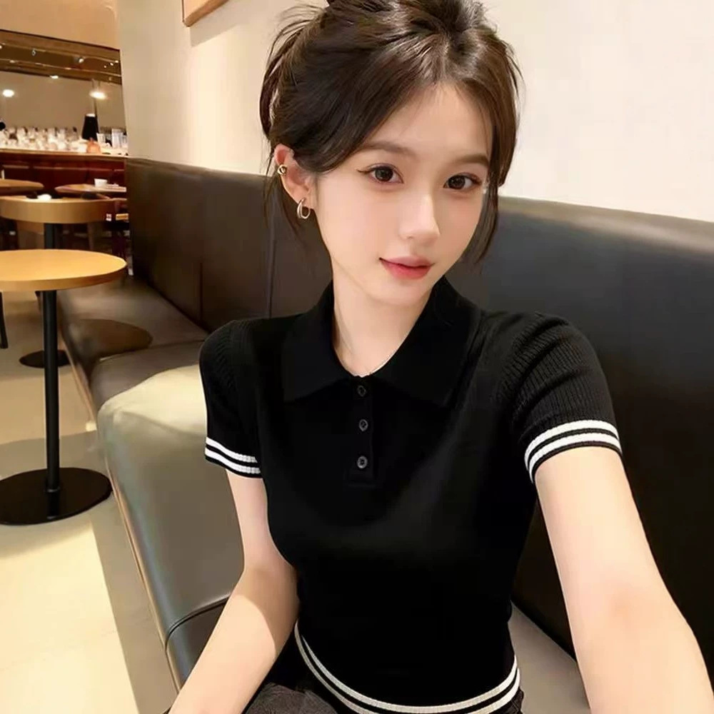 Áo thun polo nữ tay ngắn cổ bẻ dệt kim co giãn phong cách Hàn Quốc — đen chi tiết 2