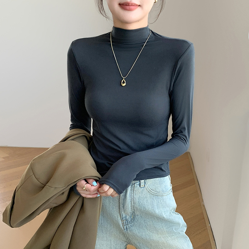 Camiseta legging de cuello medio alto para mujeres 2024 otoño y invierno nuevo ajustado interior con camiseta de manga larga delgada y delgada chaqueta de aire extranjero image 4