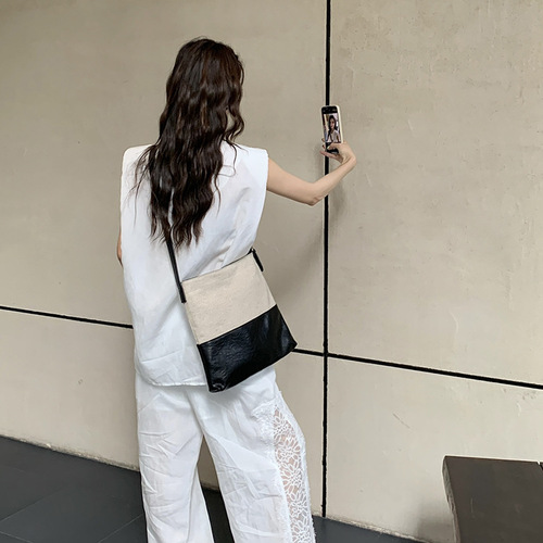 乔戈夏新款单肩水桶包亚麻布料拼接PU简约大容量手提包斜挎子母包