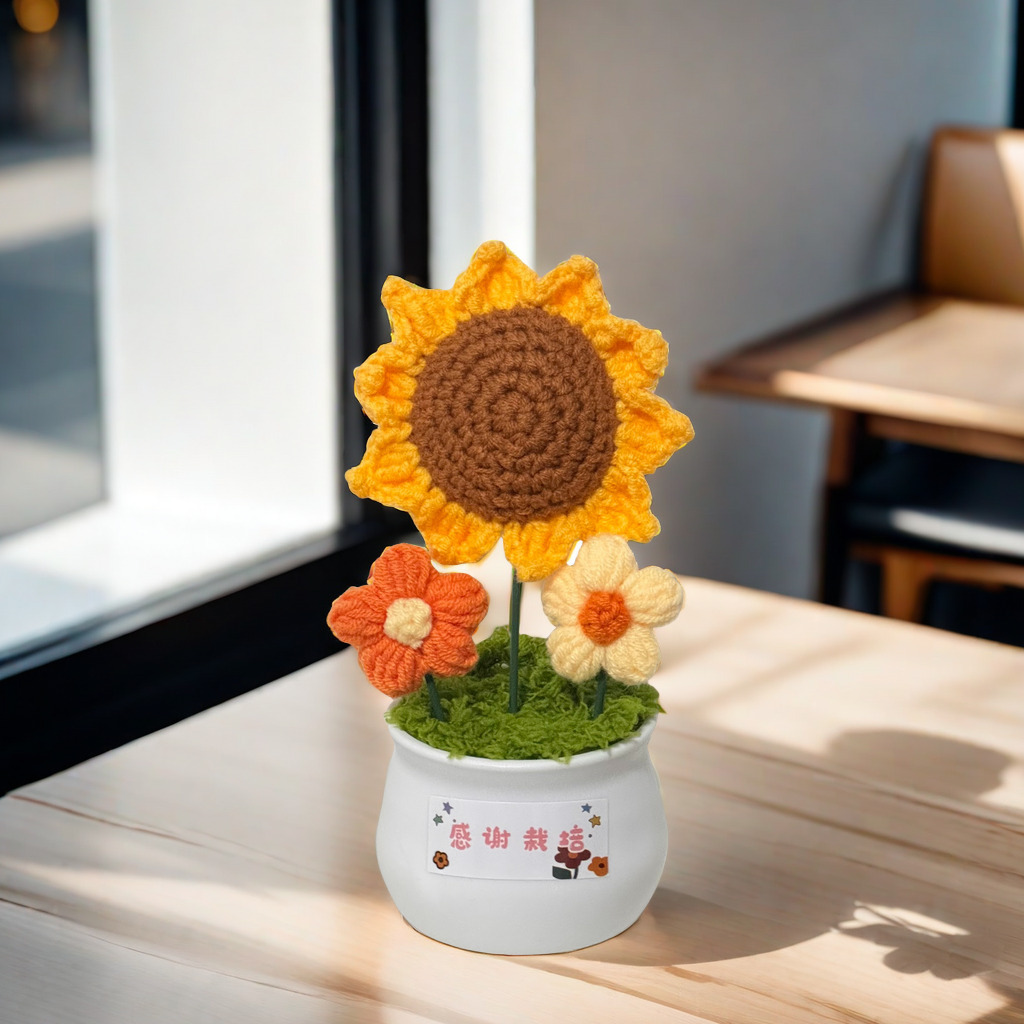 Bolsa de material de bricolaje de flores de girasol, flor tejida a mano, botella blanca pequeña, planta en maceta de punto, decoración de escritorio terminada