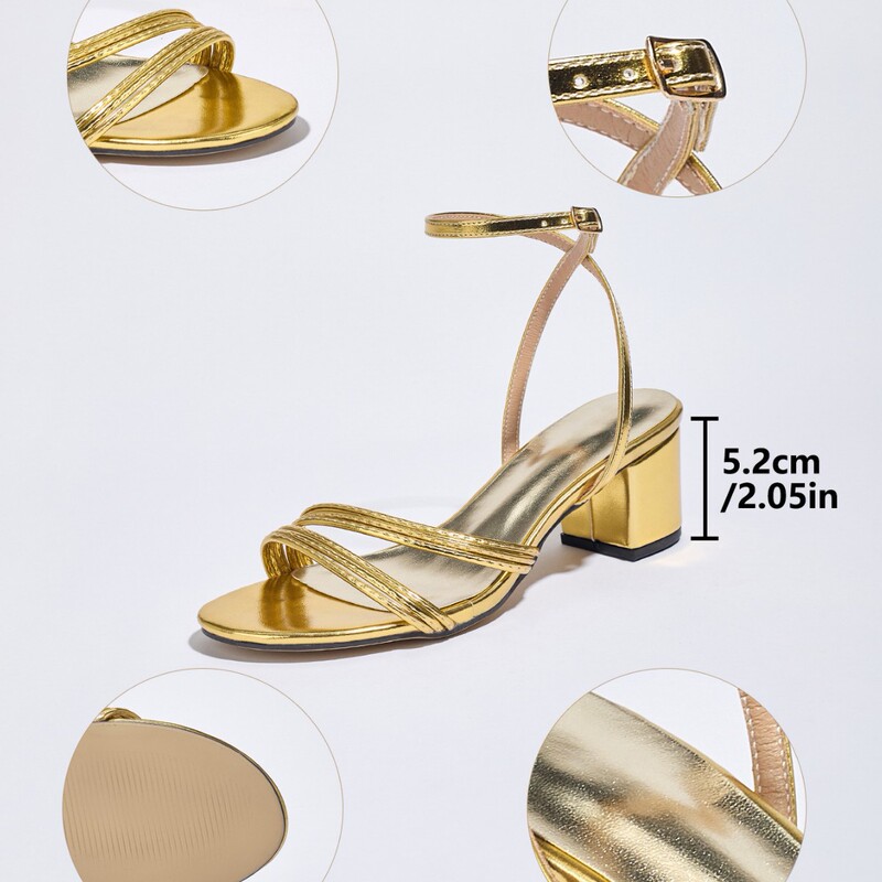 Cross-Border Women's High Heels, Gold-Colored Women's Chunky High Heels, Fashionable Versatile Sandals, Foreign Trade Single-Strap Open-Toe Shoes with Chunky Heels