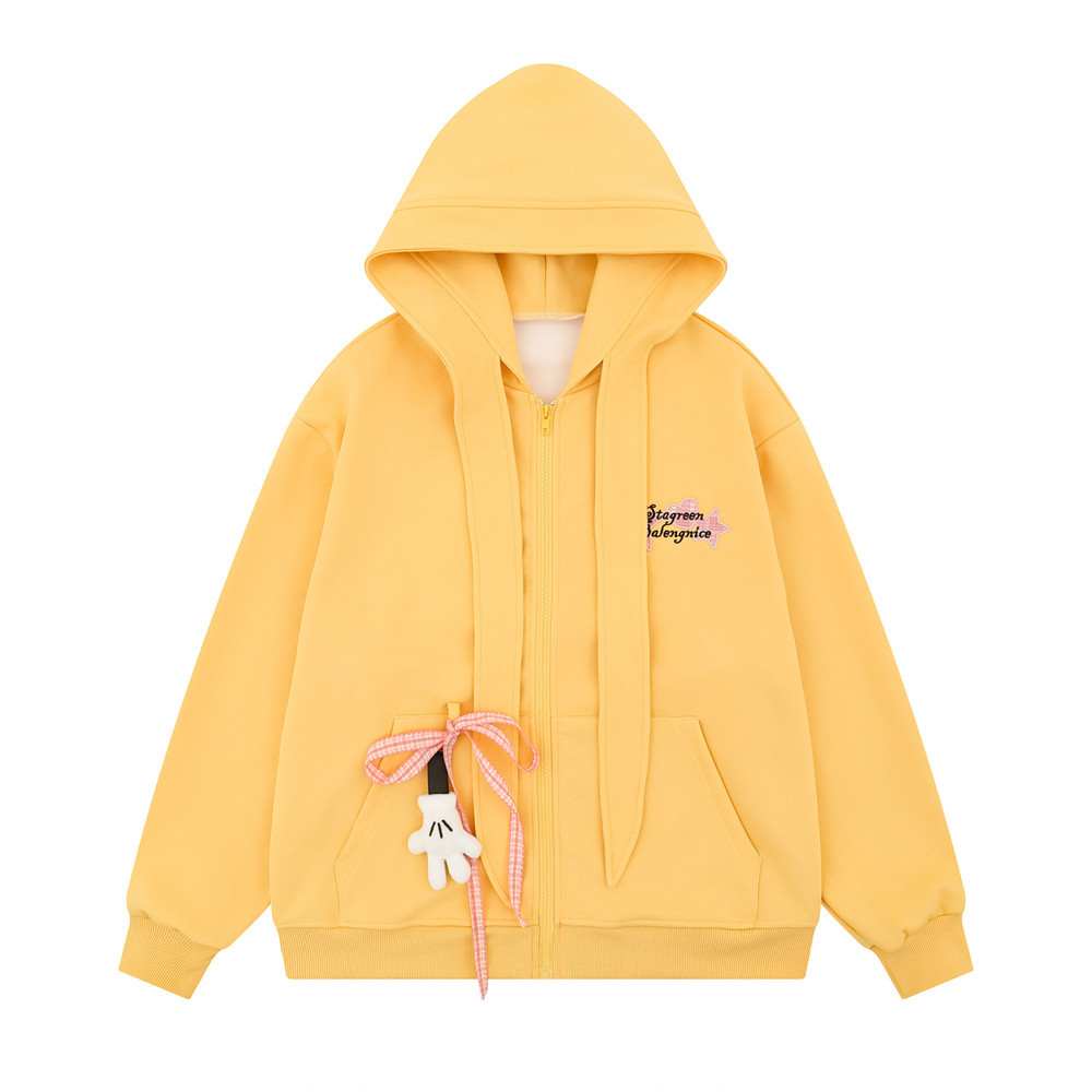 Plüschpuppen-Anhänger, dekorative Kapuzenjacke, trendiger amerikanischer Stil, lockerer, lässiger Cardigan mit Reißverschluss für Herren_voghion.com