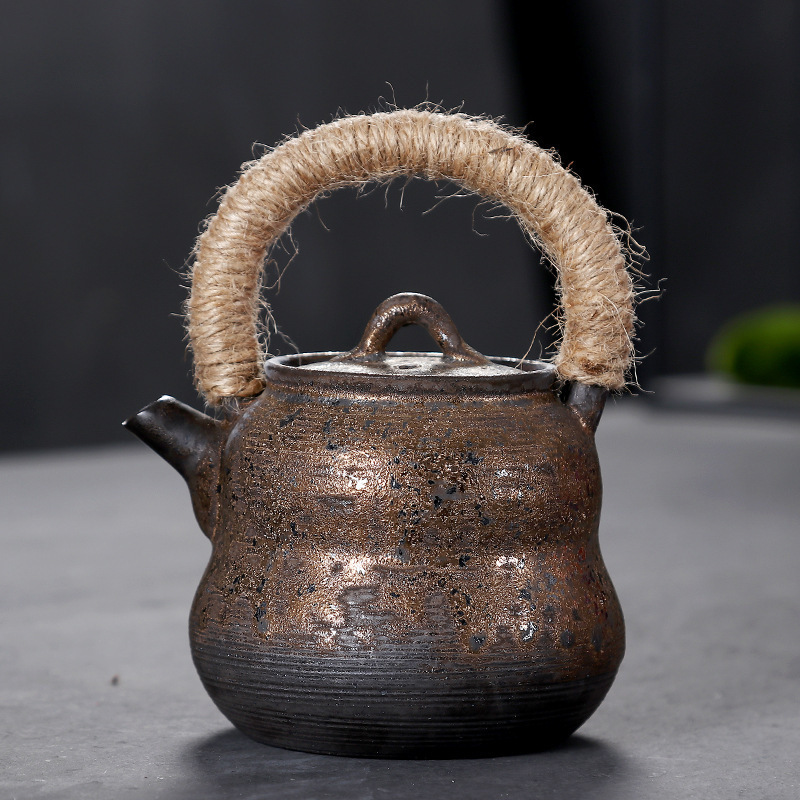 Rust Glazed Hemp Rope Handle Pot Tea Set Teapot Ceramic Japanese Style Vintage Handmade Gold-plated Coarse Kung Fu Tea Single Pot