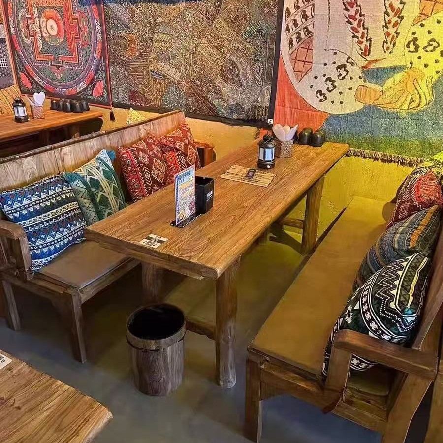 Folk Collection Solid Wood Tables and Chairs Old Elm Tavern Dining Table and Chairs Bar Booth Backrest Chair Cafe Barbecue Shop Table and Chairs