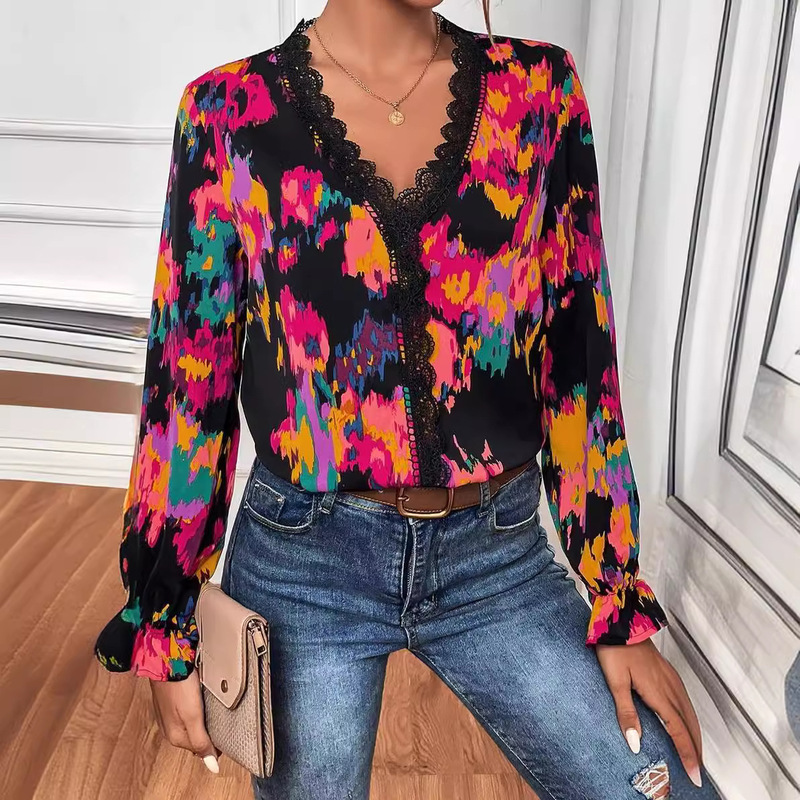 In-Stock Women's Bohemian Graffiti Print Lace Trim Color-Block V-Neck Lantern Long-Sleeve Loose Shirt