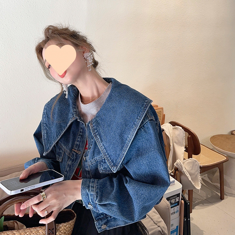 新款韩系娃娃领小香风网版牛仔布/棉外套女设计感小众短款潮