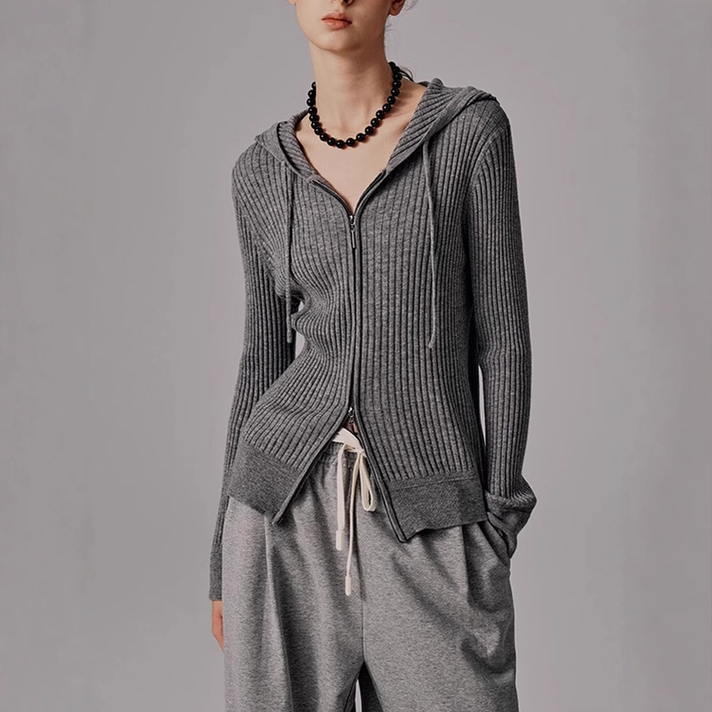 80 Count 16 Needle Fine Wool Knitted Top Zipper Hooded Double-Ended Zipper Cardigan for Women