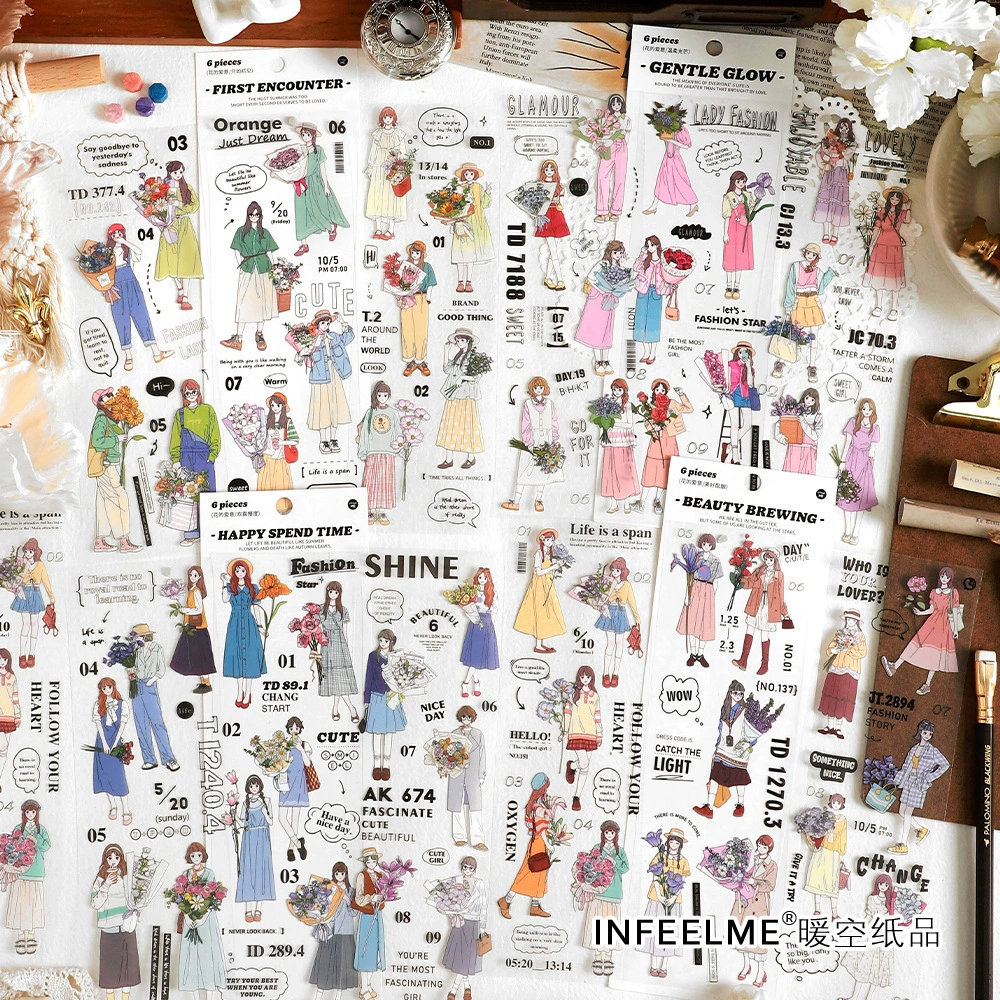 Сегментированные наклейки на ленте (InfeelMe) Любовная серия — Цветущая девочка, 6 листов, 6 дизайнов