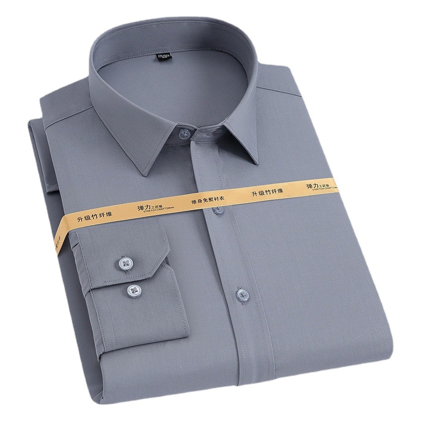 Fibra de bambú no planchar camisa de manga larga de los hombres estiramiento antiarrugas ropa de trabajo color sólido slim fit camisa de negocios