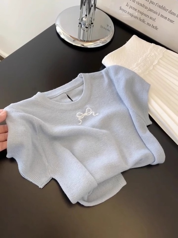 ブルーリボン刺繍薄手ニット半袖Tシャツレディース2025夏新作中空ショルダーシャツトップ|undefined