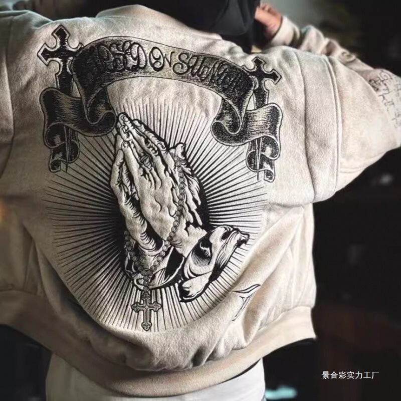 潮牌美式复古重磅刺绣夹克棒球服男关闭周日传教士宽松加厚外套冬|undefined