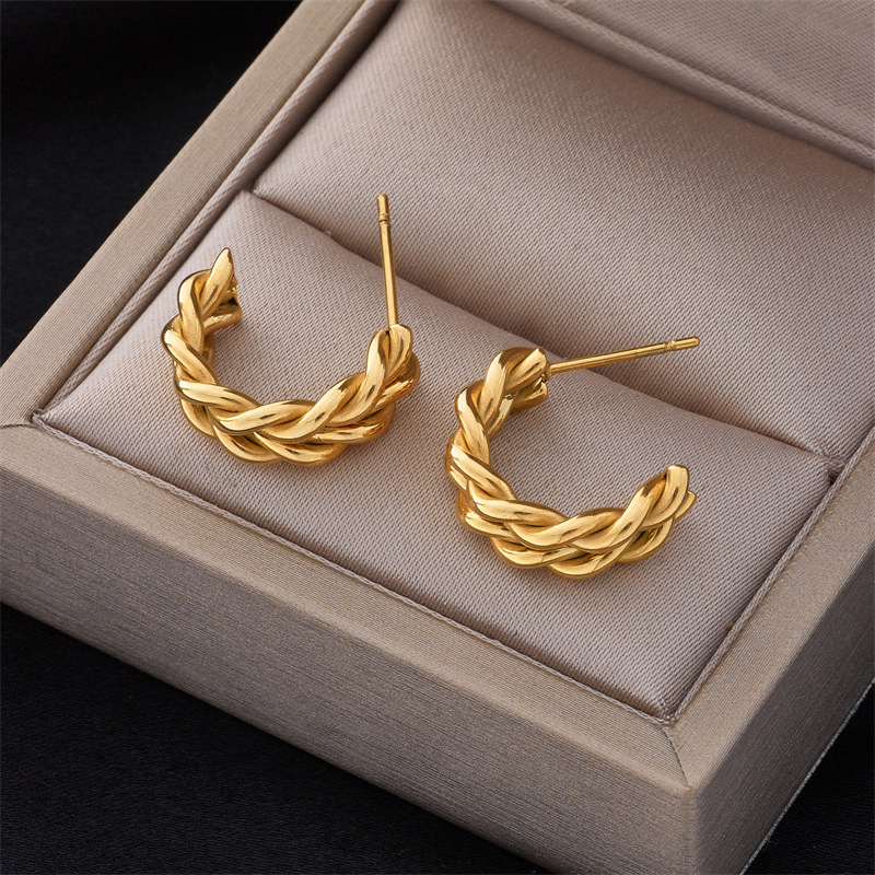 Fashionable Commuting, Simple, Versatile, High-End, Cool Style Braided Twist Gold-Plated Stainless Steel Accessories Earrings