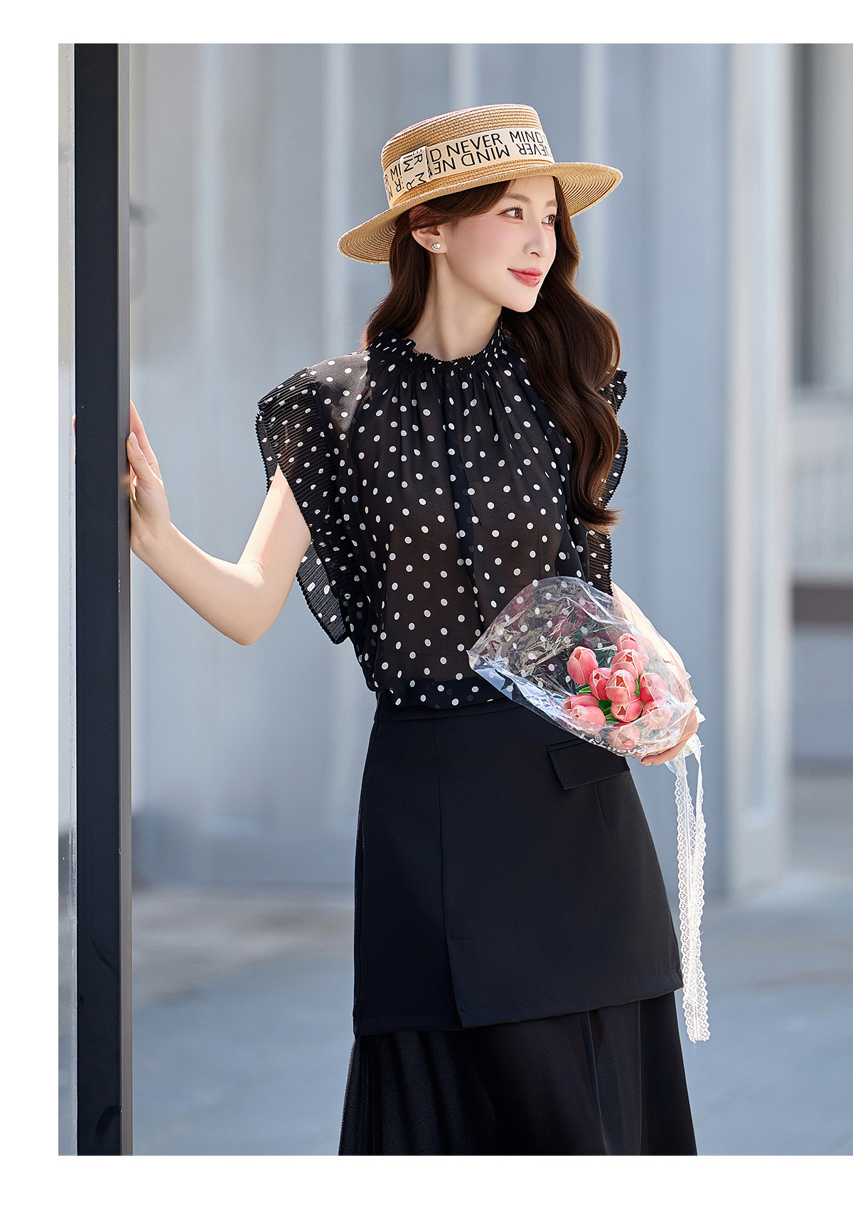 Set áo sơ mi chấm bi + chân váy midi suông rộng thiết kế thanh lịch 2026 — Màu ảnh chi tiết 13