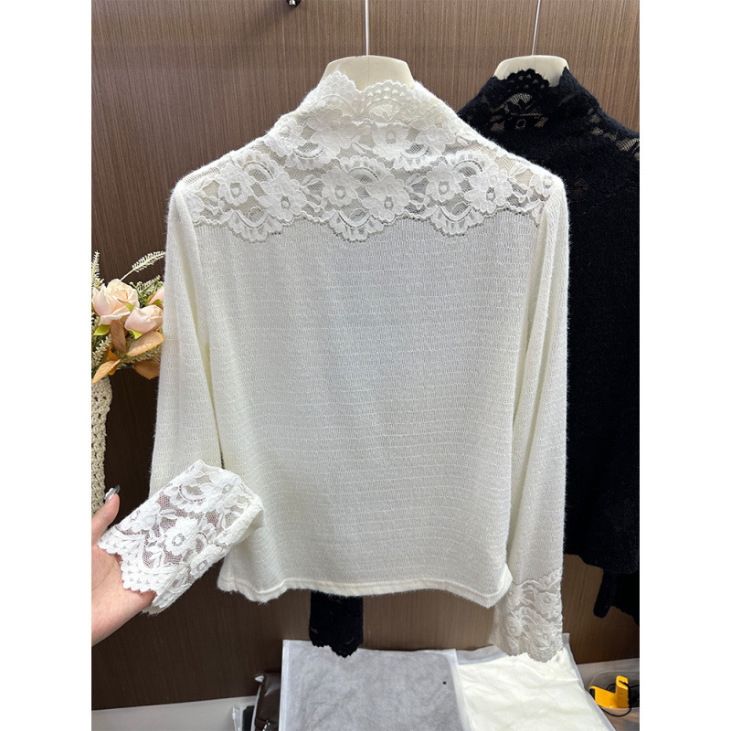 韓国系の高襟レースのフックの花の底のシャツの女性の秋冬の高級感は皮の草の中で名媛の風のネットの紗の上着の潮を配合します。|undefined