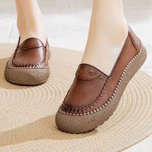 Spring and Summer New Casual Soft-Soled Soft Bread-Toe Mother's Shoes Women's Single Shoes Non-Slip Wide-Toe Non-Tiring Middle-Aged and Elderly Leather Shoes