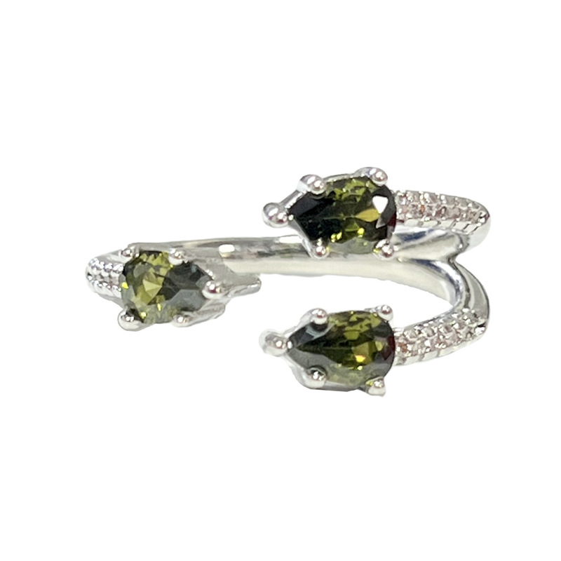 불규칙한 질감의 주름진 여성용 다층 오픈 링 올리브 그린 워터 드롭 지르콘 심플 라이트 럭셔리 틈새 집게 손가락 반지