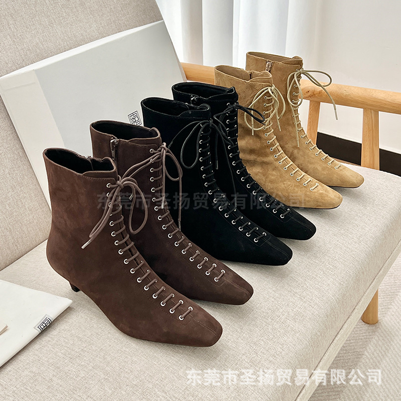 Foreign Trade Totem Fashion French Slim Boots Square Toe Kitten Heel Strap Short Boots Side Zipper High Heel Fashion Women's Boots Foreign Trade Totem Fashion French Slim Boots Square Toe Kitten Heel Strap Short Boots Side Zipper High Heel Fashion Women's Boots