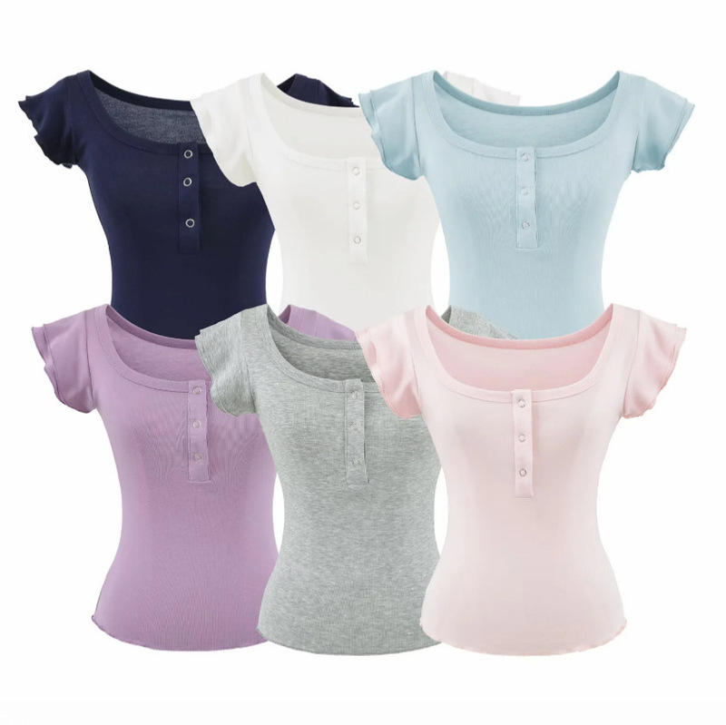 Double-Layer Ruffled Short-Sleeve T-Shirt for Women, 2026 Summer New American Style Spicy Girl Solid Color Slim Fit Regular Shoulder Base Shirt Double-Layer Ruffled Short-Sleeve T-Shirt for Women, 2026 Summer New American Style Spicy Girl Solid Color Slim Fit Regular Shoulder Base Shirt