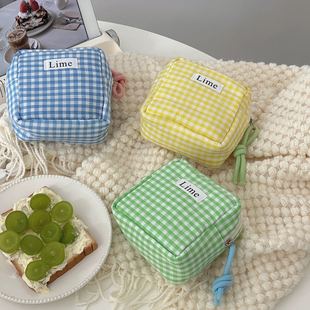 Japanese cotton blue plaid small square bag ins style high-looking student portable cute multi-functional sundries storage bag