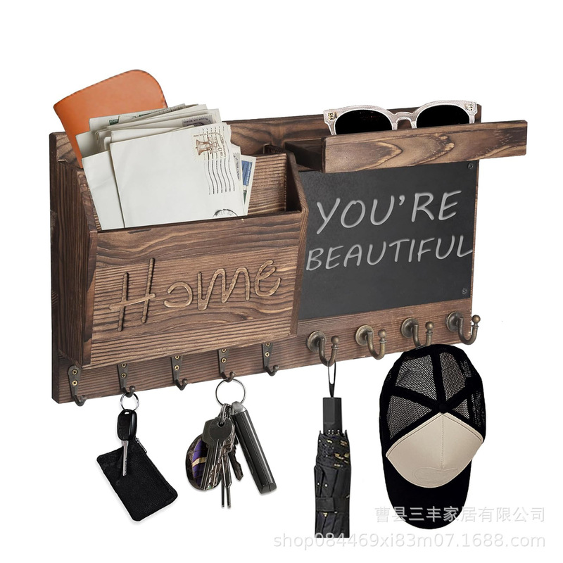Cross-border wooden mail key rack with small blackboard letter storage rack hallway wall-mounted hook coat and hat rack
