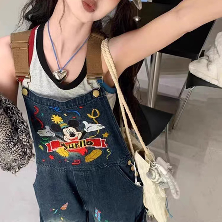 卡通动漫刺绣水洗牛仔背带裤2025秋季新款美式复古时髦减龄连体裤